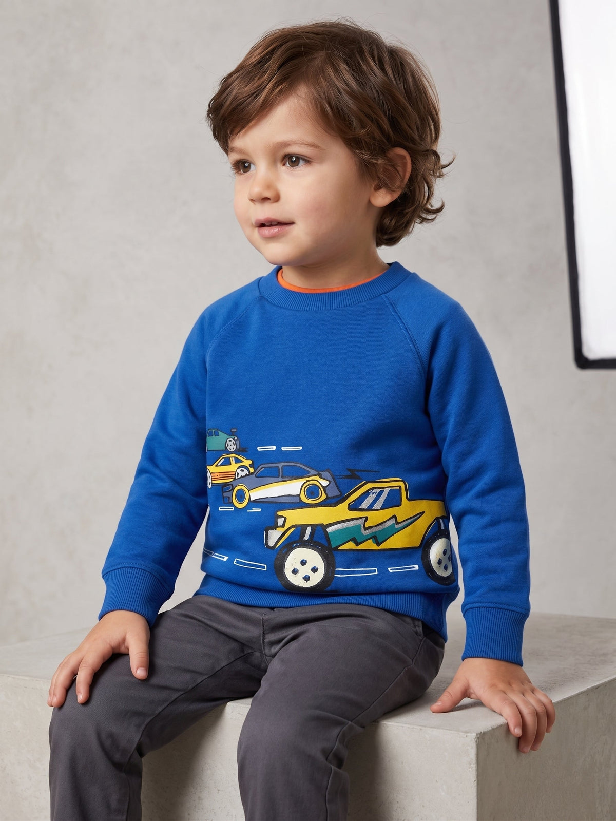 Kids Bright Blue Sweatshirt - Monster Truck & Race Car Graphic (BG-000057)