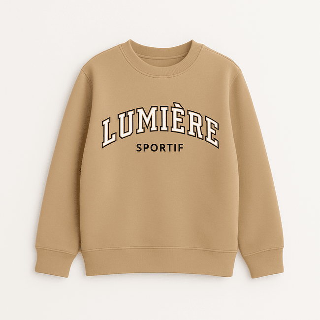 Kids Camel Beige Sweatshirt - "Lumière Sportif" Varsity Arch Text (BG-000055)