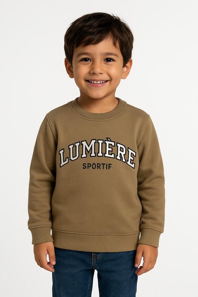 Kids Camel Beige Sweatshirt - "Lumière Sportif" Varsity Arch Text (BG-000055)