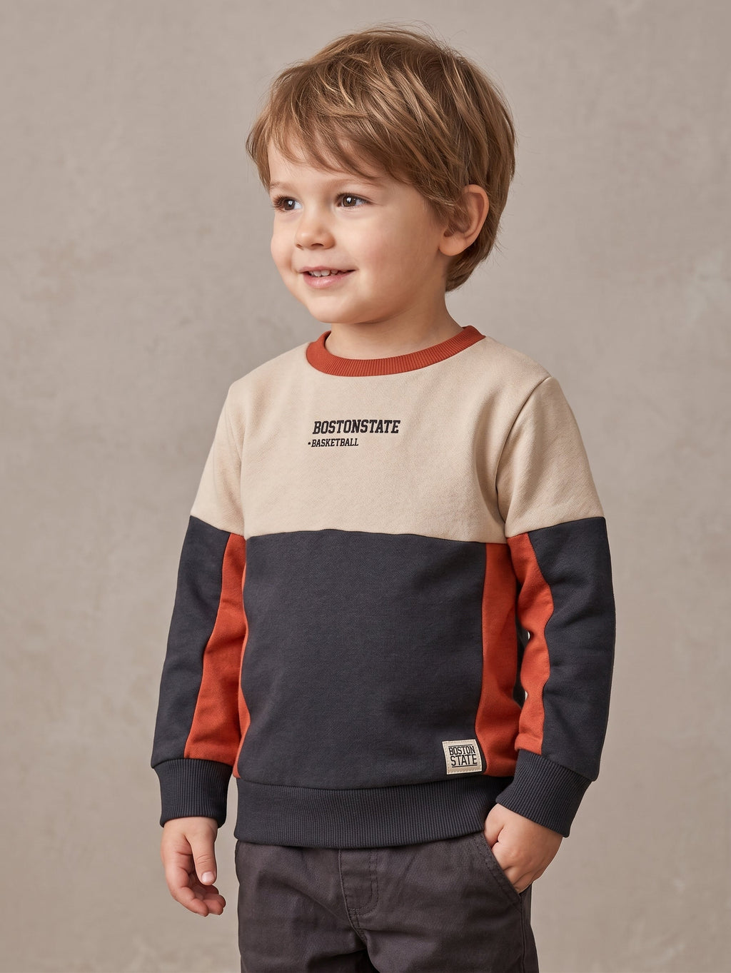 Kids Color Block Sweatshirt - Navy, Cream & Rust "Boston State" Basketball Theme (BG-000062)