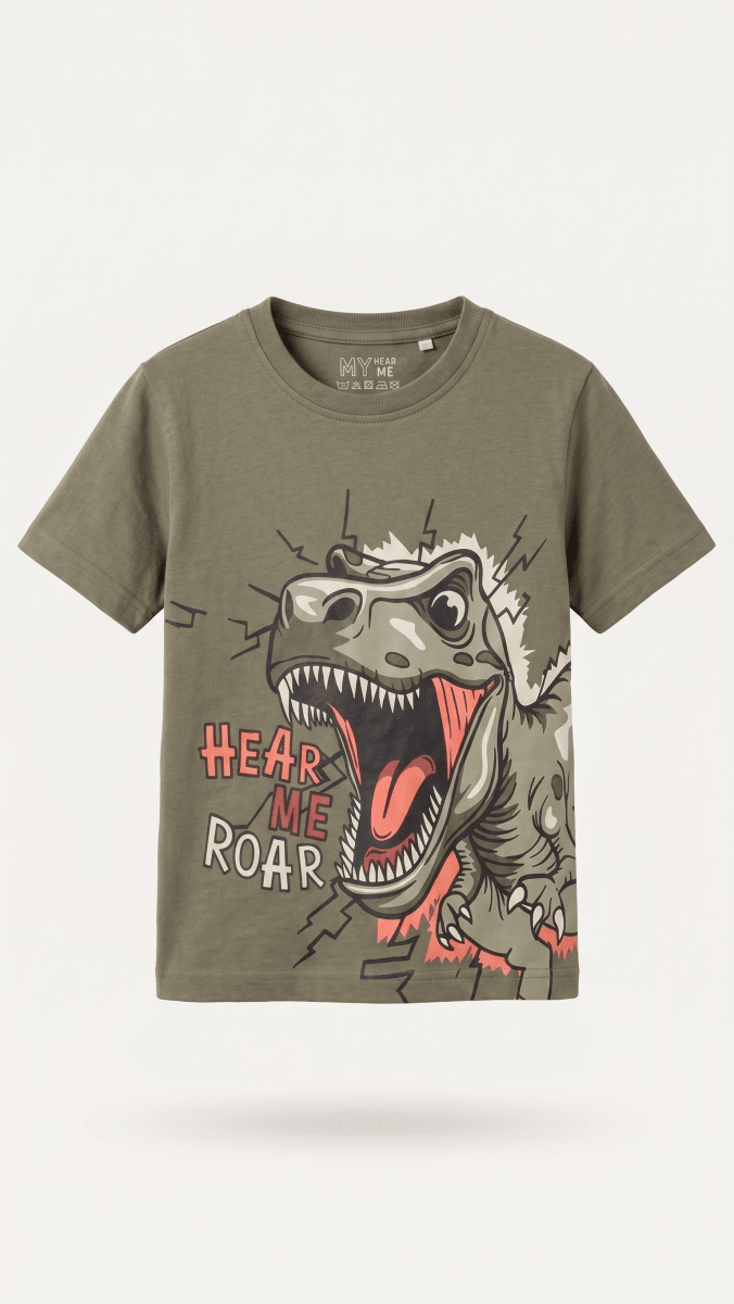 KIDS DARK GREEN WITH DINASOUR PRINT (BG-000766) - boy tshirt