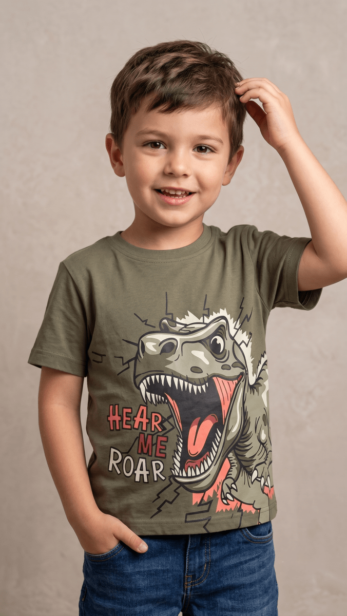 KIDS DARK GREEN WITH DINASOUR PRINT (BG-000766) - boy tshirt