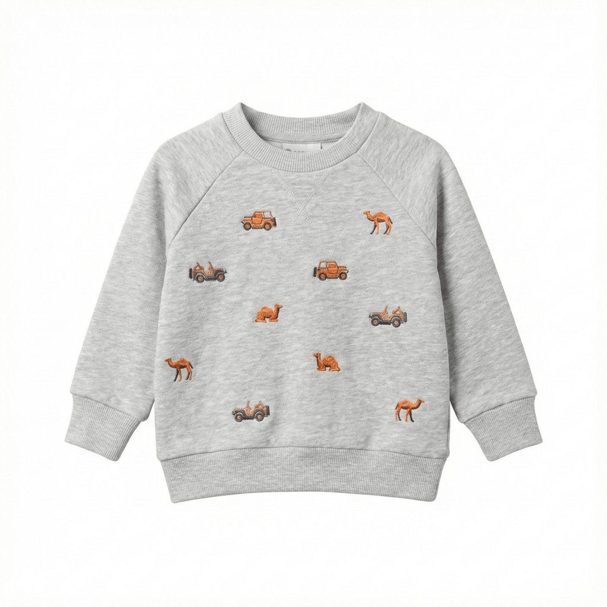 Kids Gray Embroidered Safari Sweatshirt - Jeeps & Camels Pattern (BG-000035)