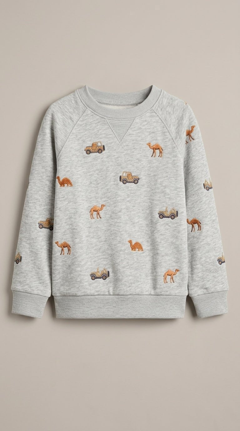 Kids Gray Embroidered Safari Sweatshirt - Jeeps & Camels Pattern (BG-000035)