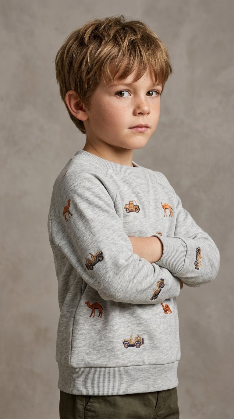 Kids Gray Embroidered Safari Sweatshirt - Jeeps & Camels Pattern (BG-000035)