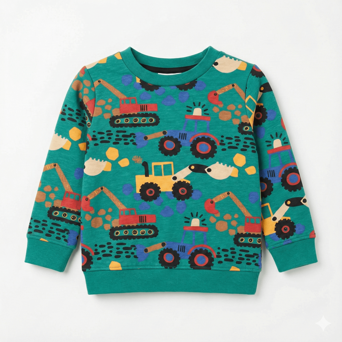Kids Green Sweatshirt - All-Over Construction Truck Pattern (BG-000071)