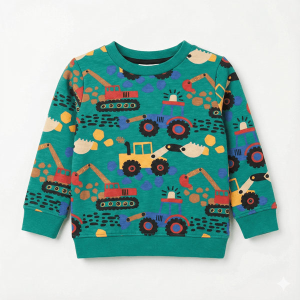 Kids Green Sweatshirt - All-Over Construction Truck Pattern (BG-000071)