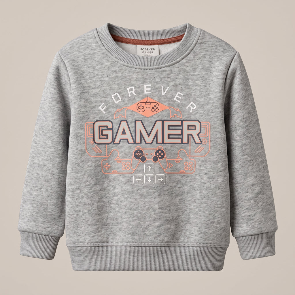 Kids Grey Marl Sweatshirt - "Forever Gamer" Controller Graphic (BG-000070)