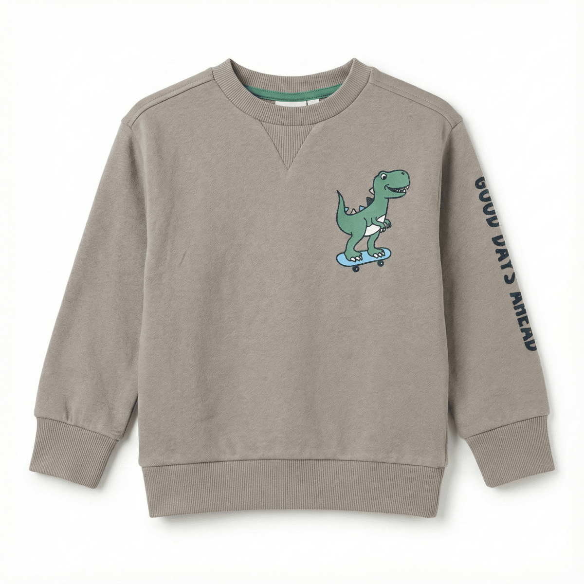 Kids Grey Sweatshirt - Dinosaur Skateboard Graphic & "Good Days Ahead" Sleeve Print (BG-000041)