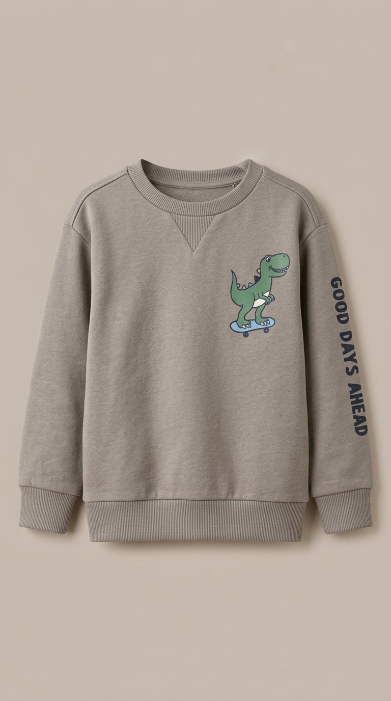 Kids Grey Sweatshirt - Dinosaur Skateboard Graphic & "Good Days Ahead" Sleeve Print (BG-000041)