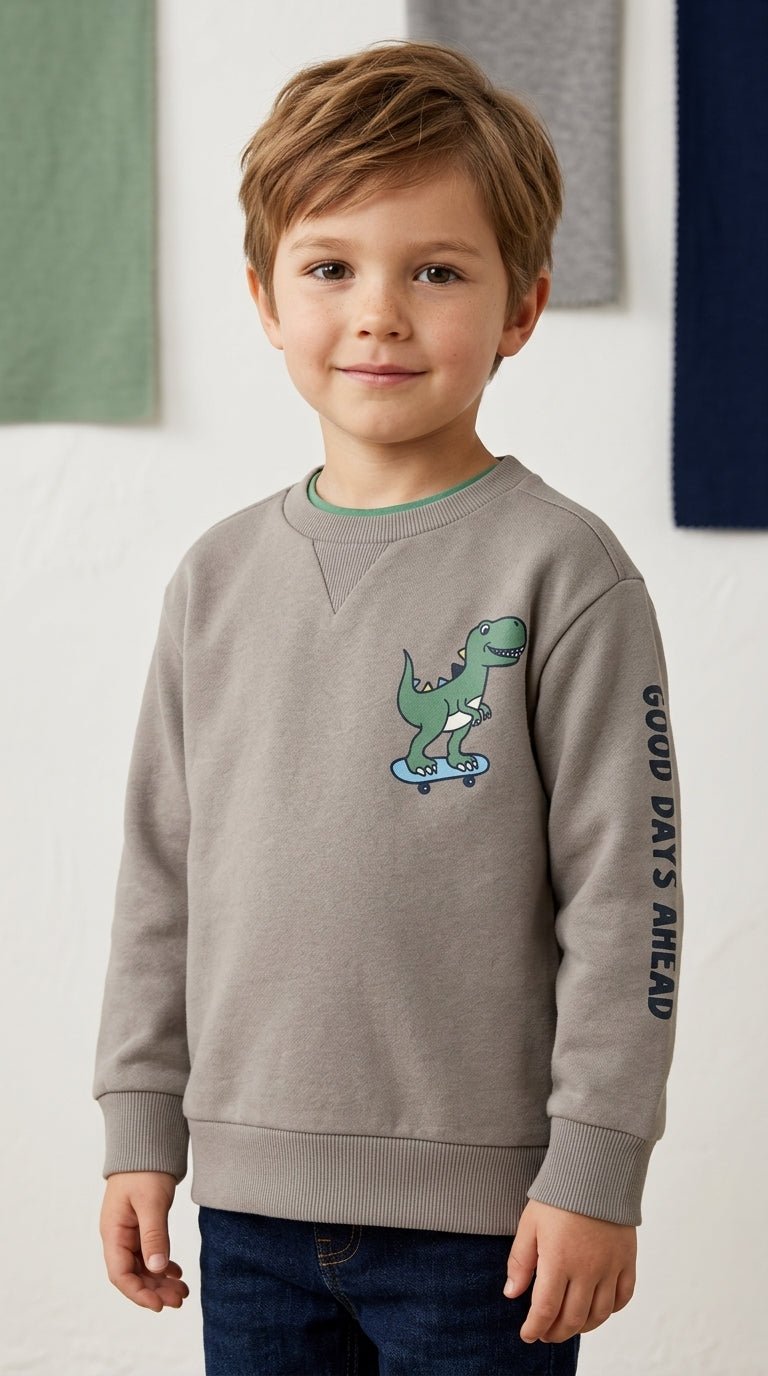Kids Grey Sweatshirt - Dinosaur Skateboard Graphic & "Good Days Ahead" Sleeve Print (BG-000041)