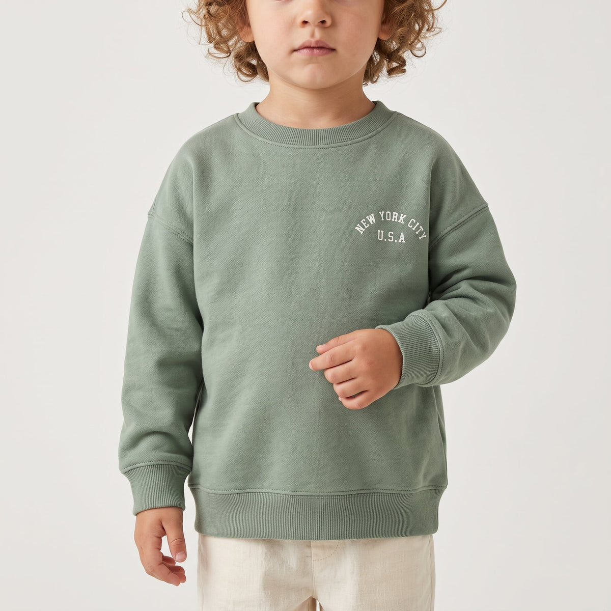 Kids Minimalist NYC Sweatshirt - Sage Green "New York City U.S.A (BG-000064)