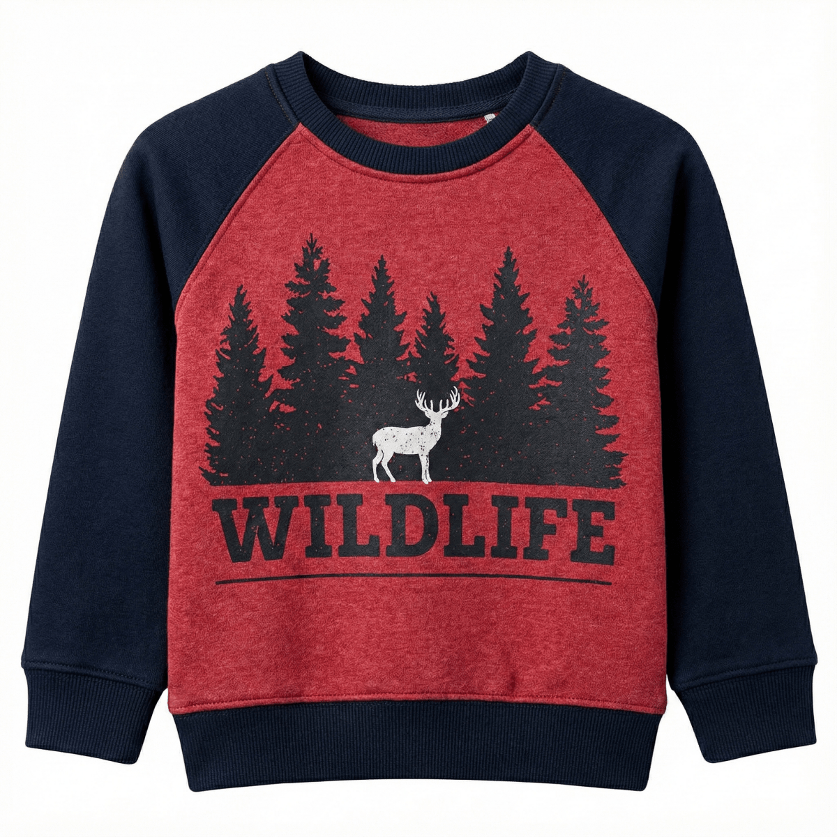 Kids Raglan Sweatshirt - "Wildlife" Deer & Forest Graphic (Red/Navy) (BG-000069)