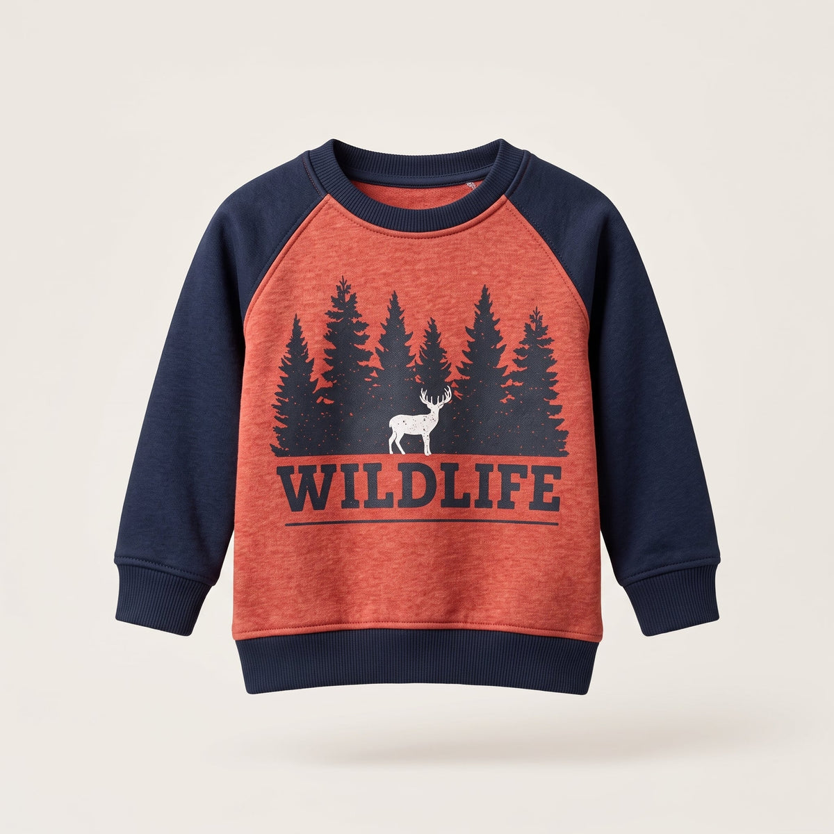 Kids Raglan Sweatshirt - "Wildlife" Deer & Forest Graphic (Red/Navy) (BG-000069)