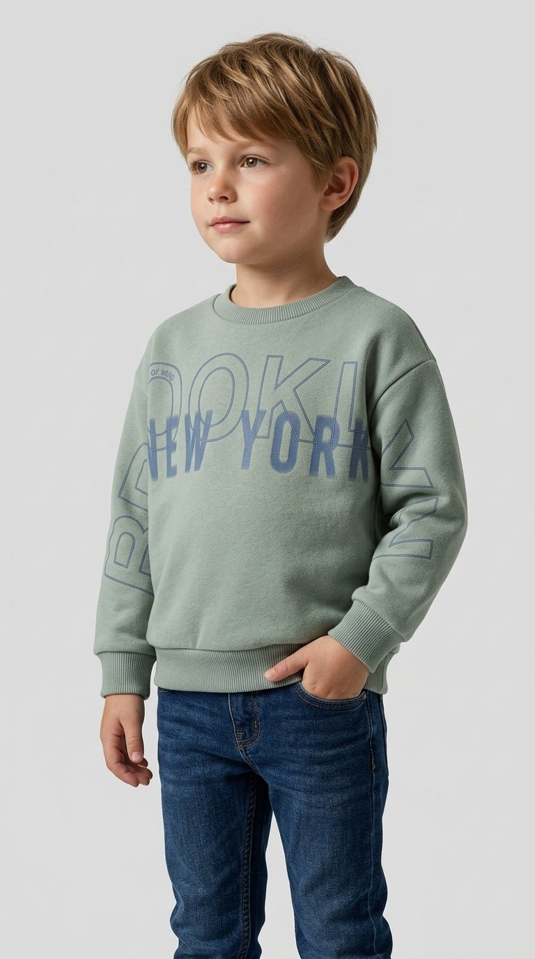 Kids Sage Green Sweatshirt - "Brooklyn New York" Graphic Print (BG-000038)