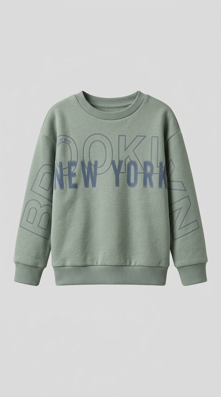 Kids Sage Green Sweatshirt - "Brooklyn New York" Graphic Print (BG-000038)