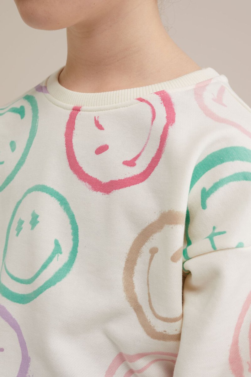 Kids Taupe Sweatshirt - 4 Colorful Smiley Faces Graphic (BG-000036)