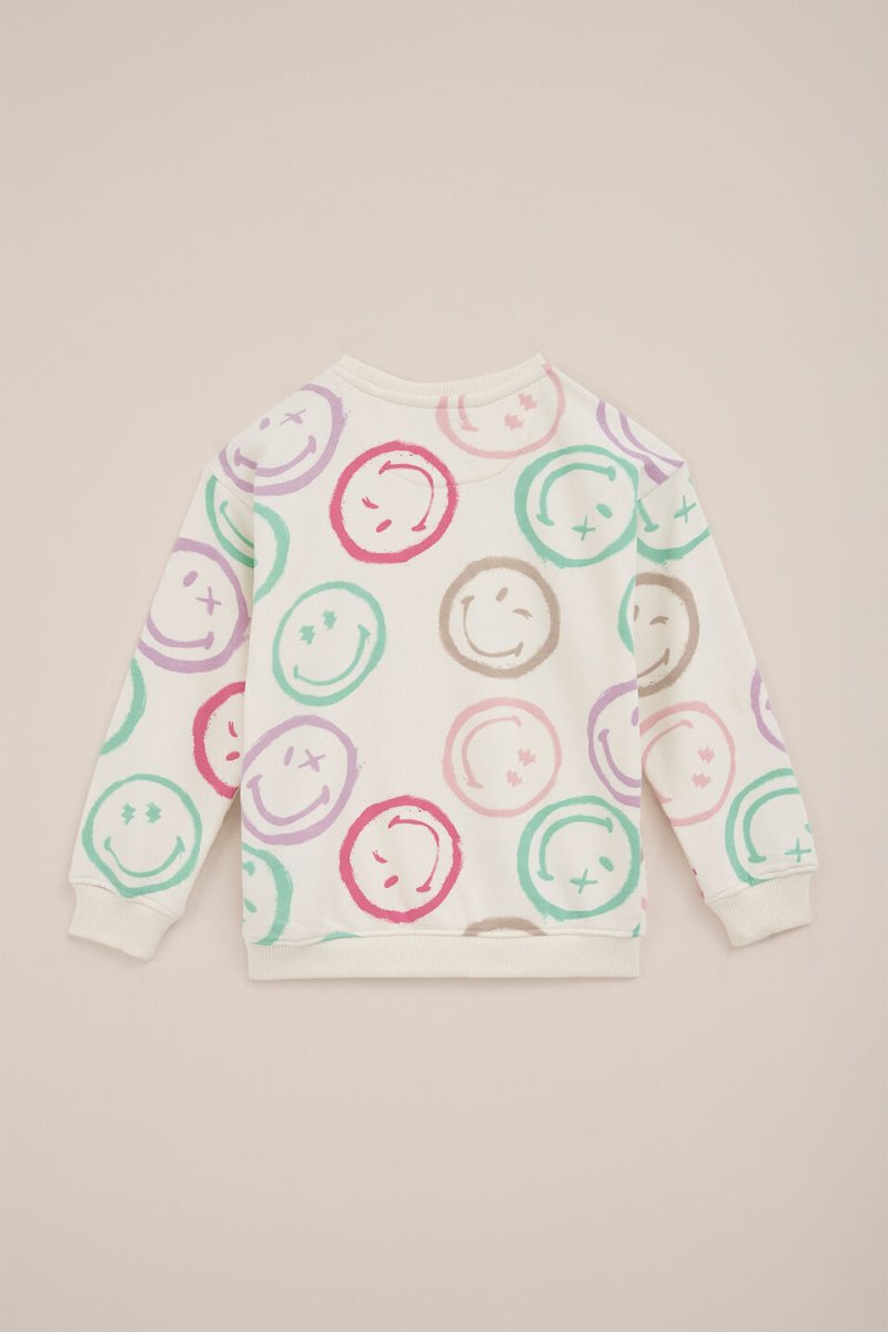 Kids Taupe Sweatshirt - 4 Colorful Smiley Faces Graphic (BG-000036)