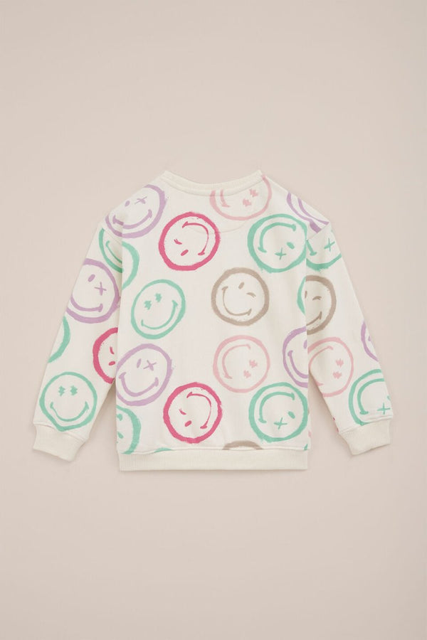 Kids Taupe Sweatshirt - 4 Colorful Smiley Faces Graphic (BG-000036)