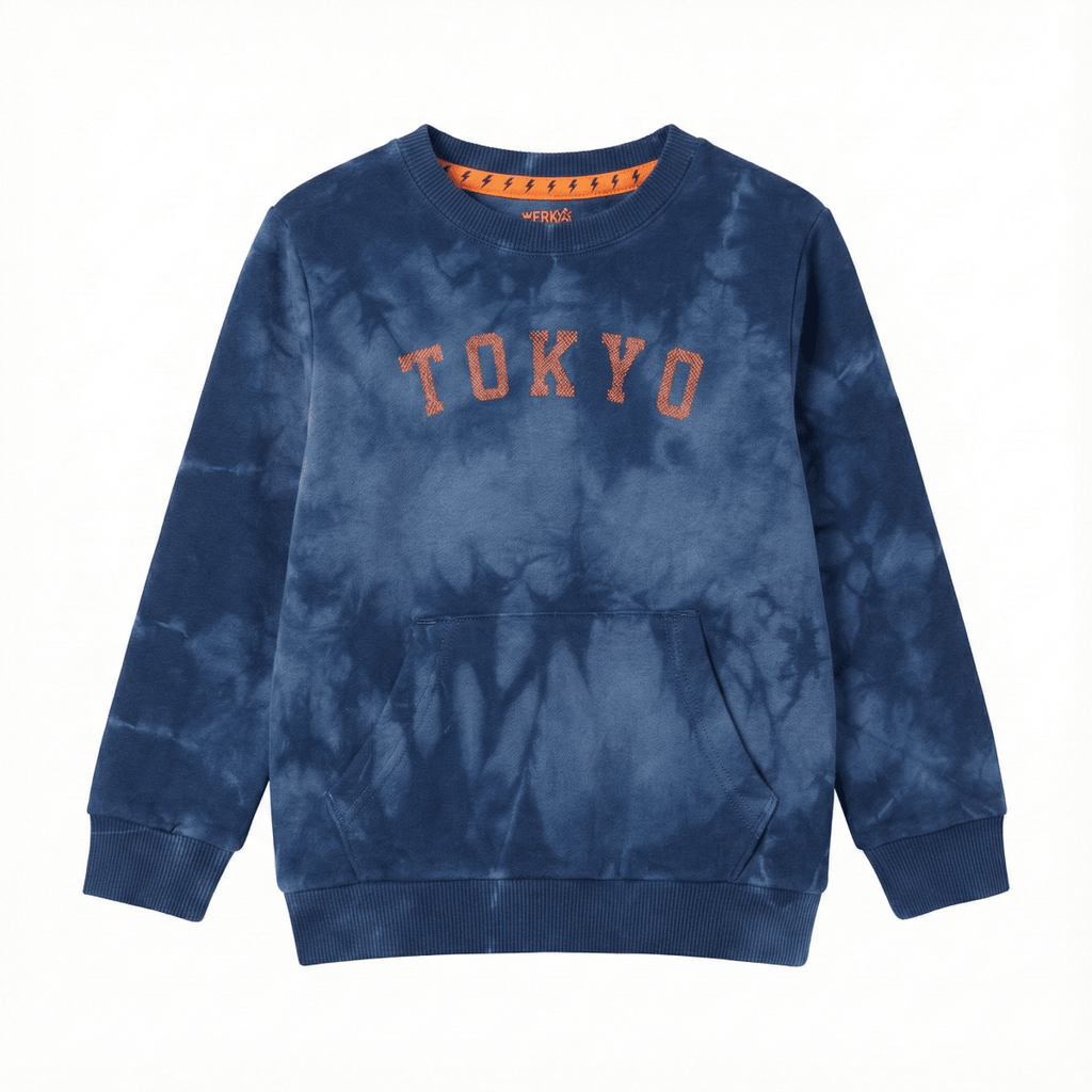 Kids Tie-Dye Sweatshirt - Blue Wash with Orange "Tokyo" Text (BG-000072)