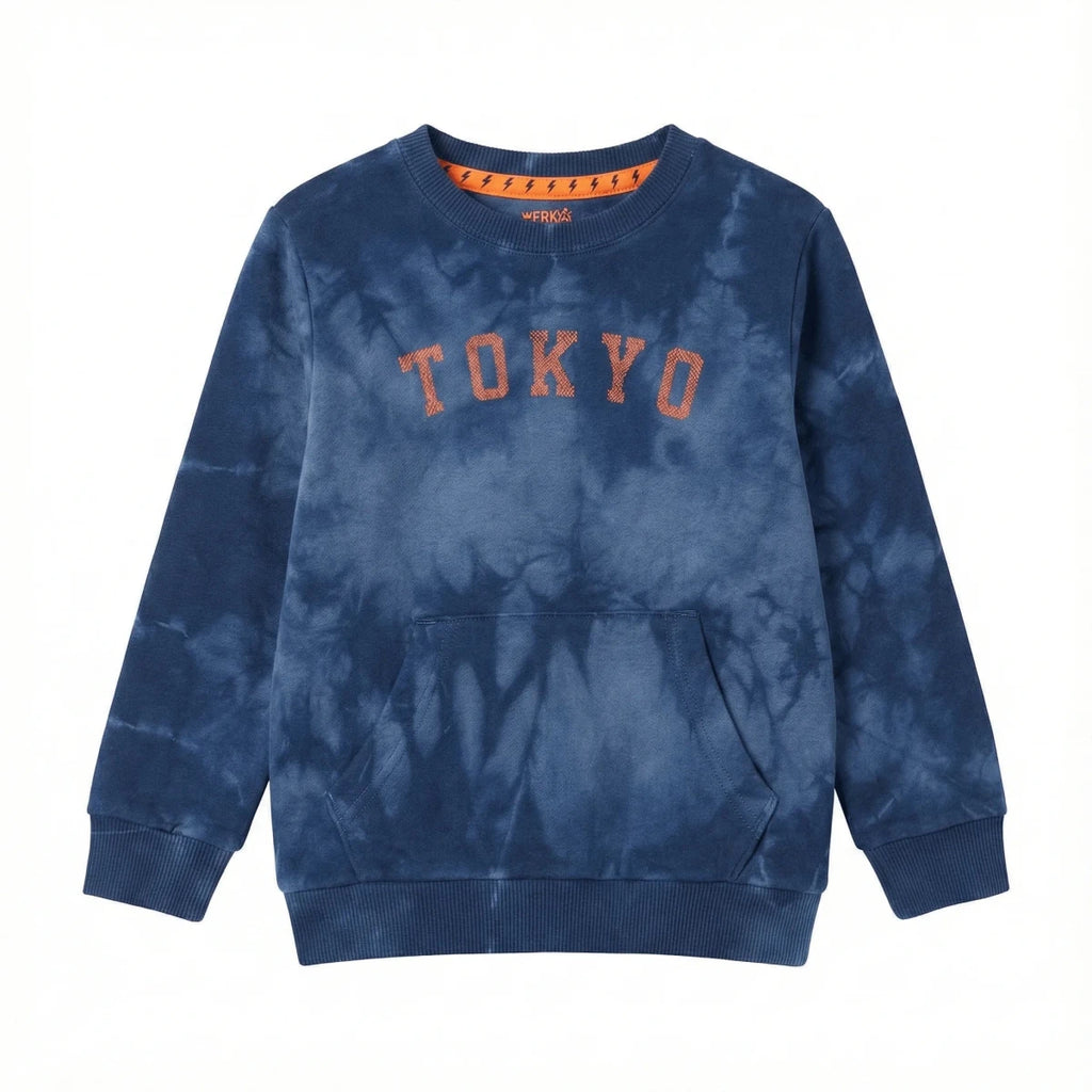 Kids Tie-Dye Sweatshirt - Blue Wash with Orange "Tokyo" Text (BG-000072)