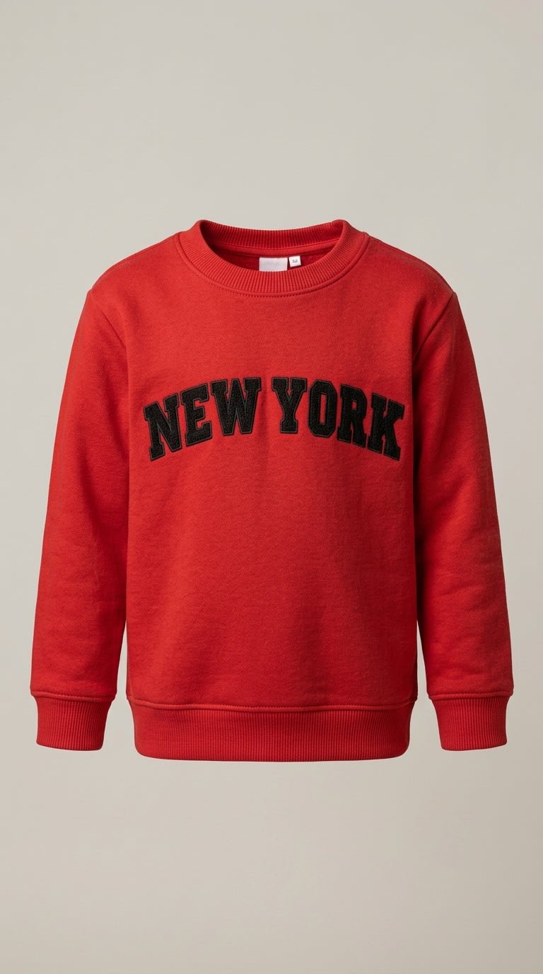 Kids Varsity Style Sweatshirt - Red with Black "New York" Text (BG-000044)