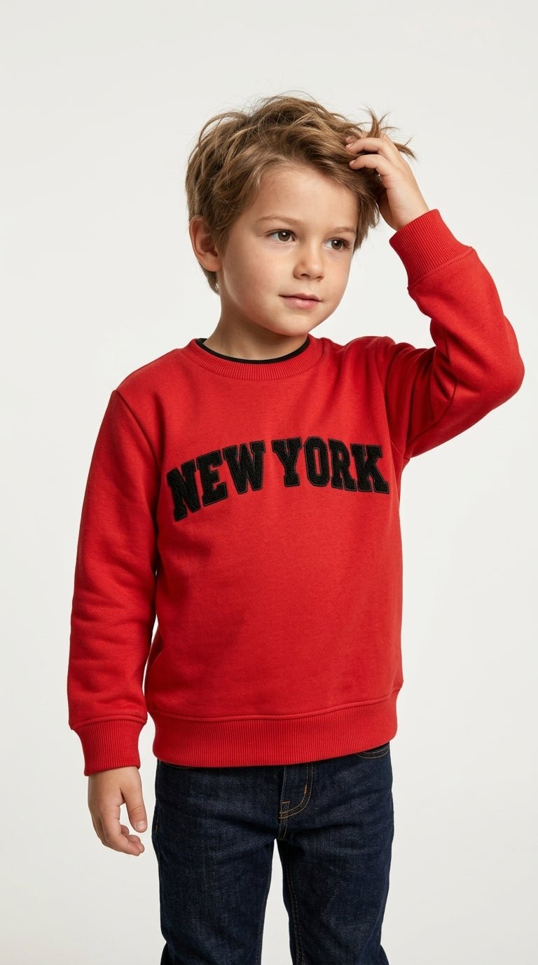 Kids Varsity Style Sweatshirt - Red with Black "New York" Text (BG-000044)