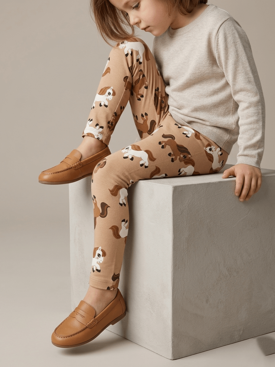 LIGHT BROWN TIGHTS WITH HORSE PRINT (BG-000806) - girl tights