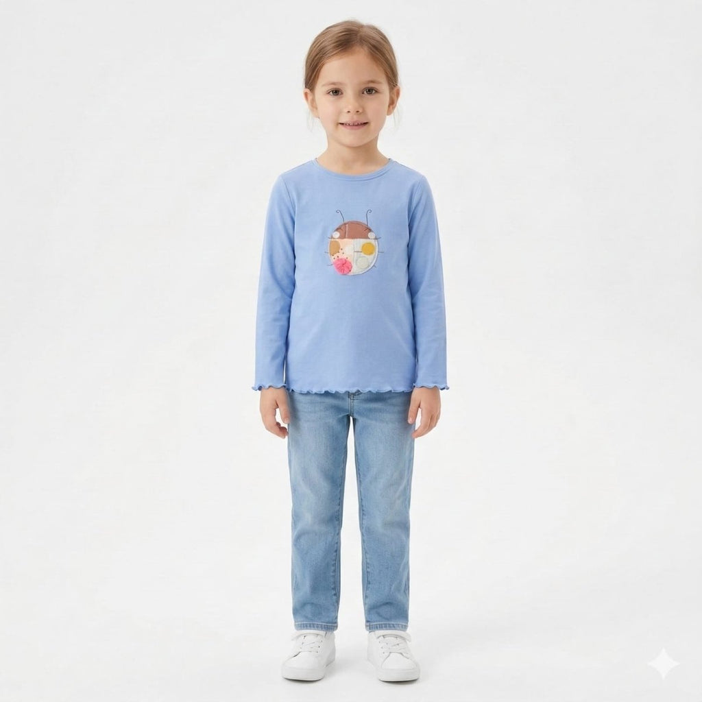 Long Sleeve Shirt with Embroidered Face in Blue color (BG-000302) - blouse