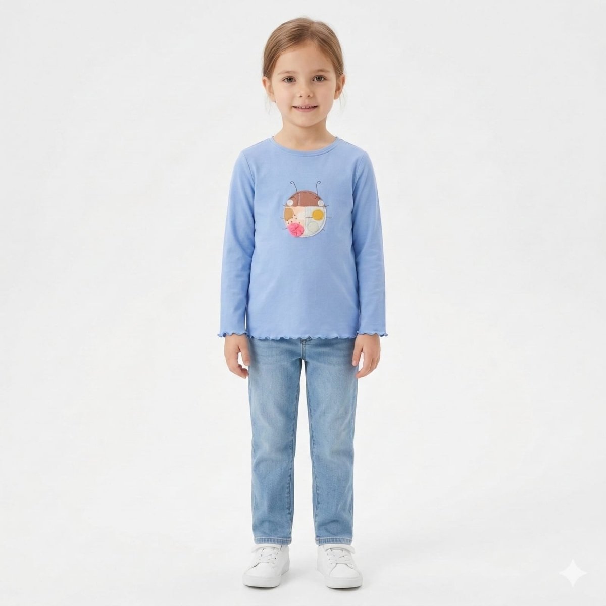 Long Sleeve Shirt with Embroidered Face in Blue color (BG-000302) - blouse