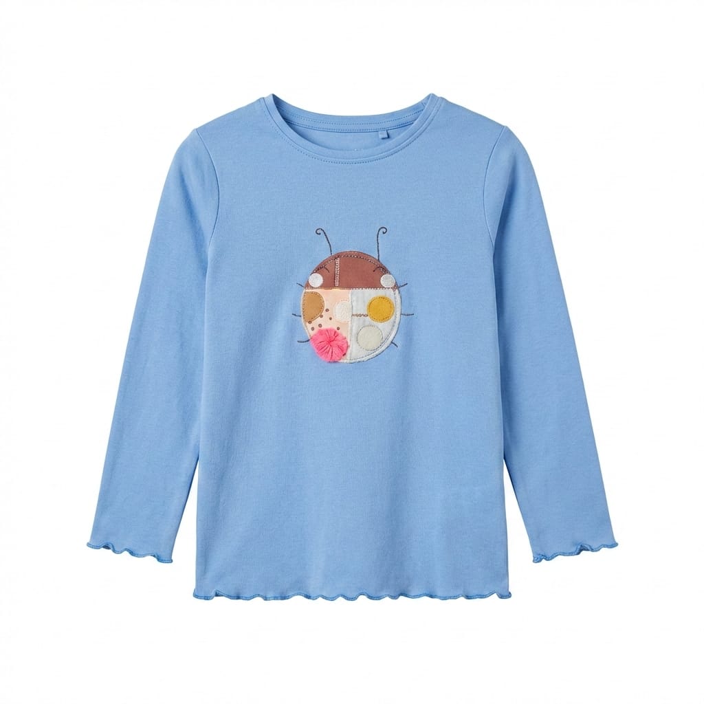 Long Sleeve Shirt with Embroidered Face in Blue color (BG-000302) - blouse