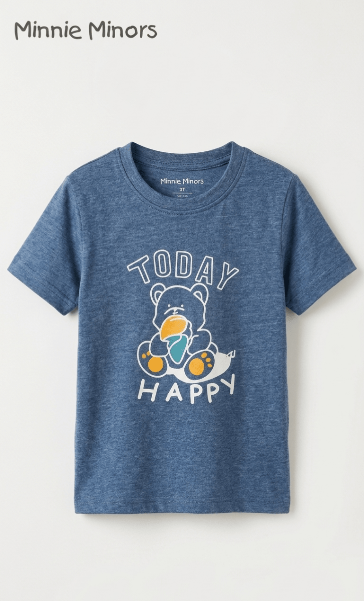 MINNIE MINORS BLUE SHIRT TODAY HAPPY WITH BEAR PRINT (BG-000678) - boy tshirt