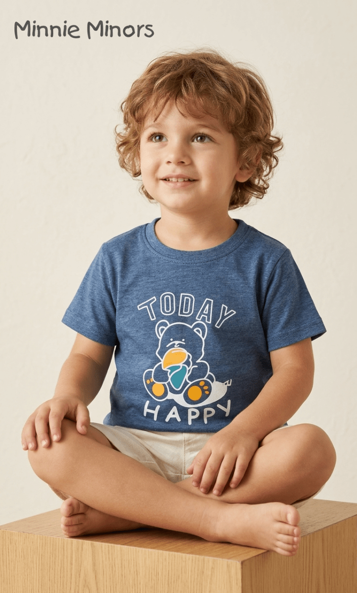 MINNIE MINORS BLUE SHIRT TODAY HAPPY WITH BEAR PRINT (BG-000678) - boy tshirt