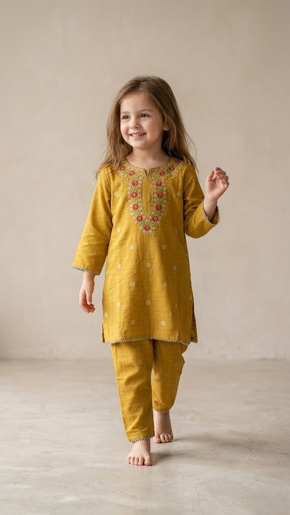 Mustard Grace – Floral V-Neck Hand-Crafted Co-ord 2 Piece (BG-000694) - 2 piece suit
