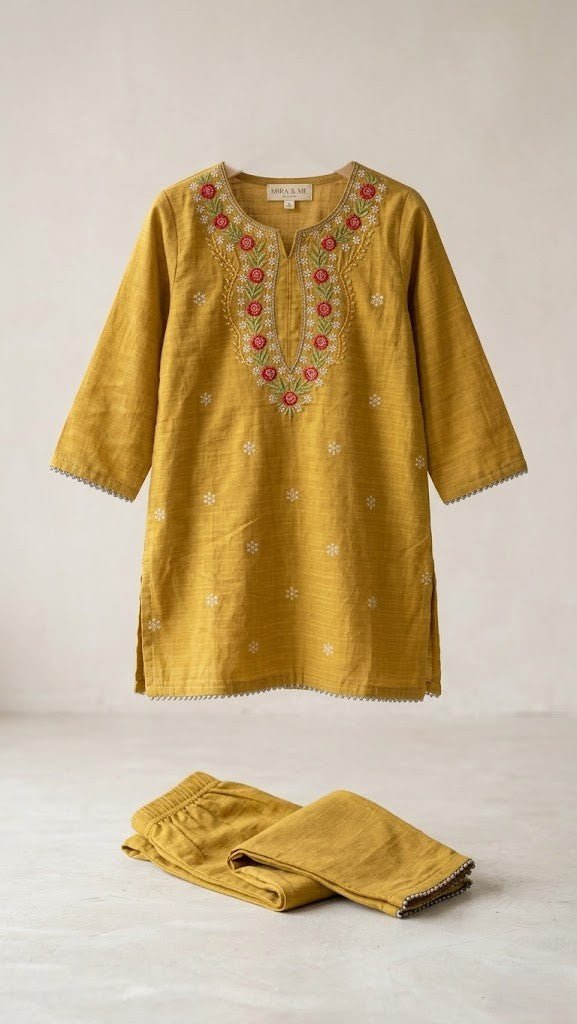 Mustard Grace – Floral V-Neck Hand-Crafted Co-ord 2 Piece (BG-000694) - 2 piece suit