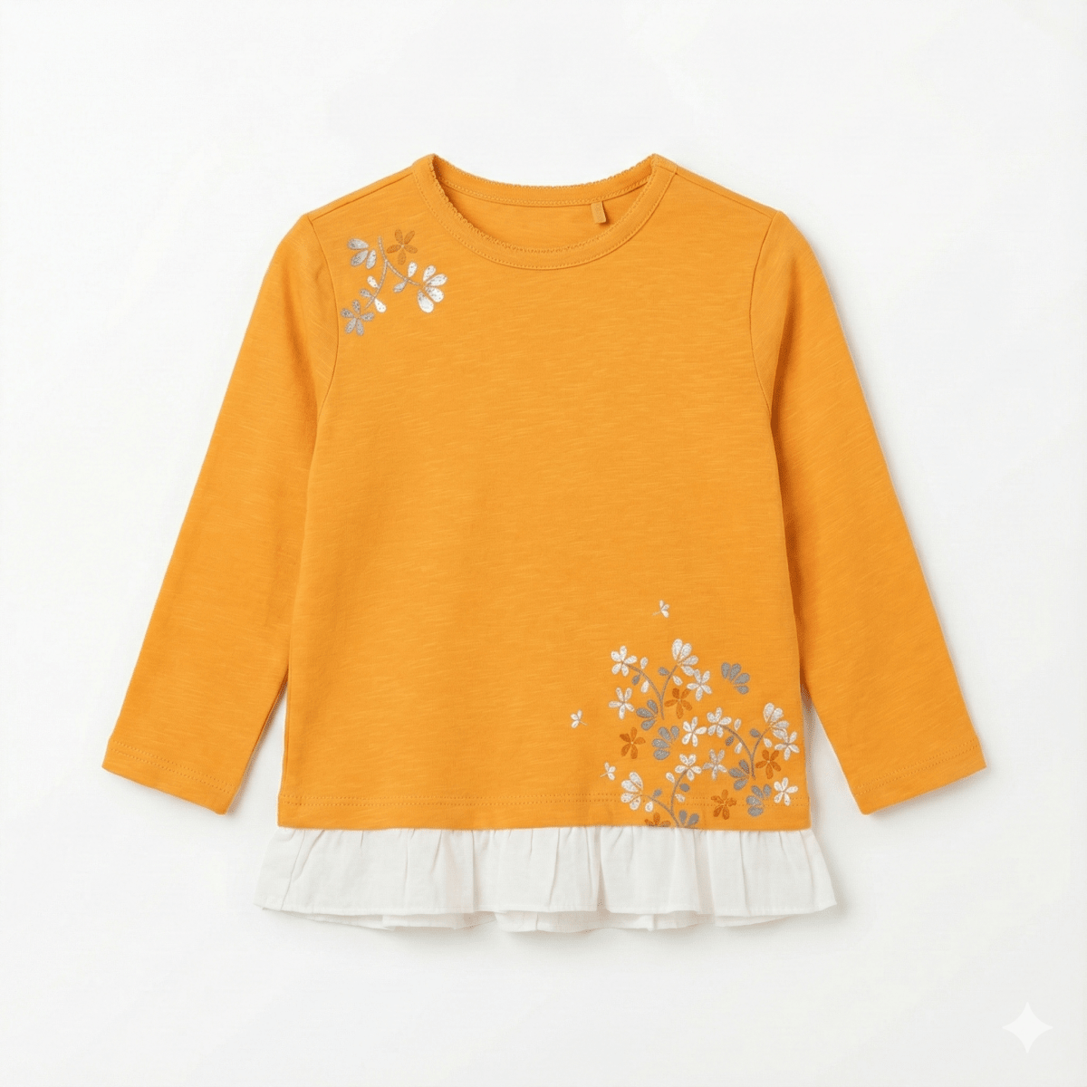 Mustard Yellow Long Sleeved Top with White Tiered  Floral Embroidery (BG-000154)