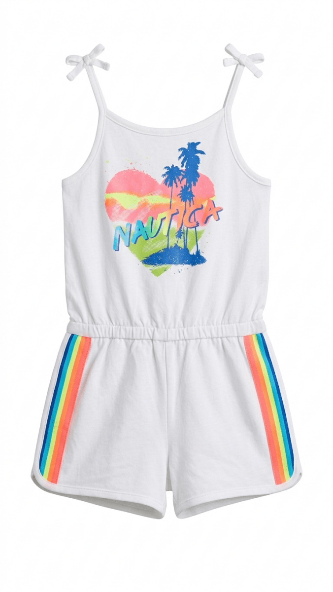 Nautica Girls Romper with Rainbow Striped Side Panels & Tropical Heart Graphic (BG-000391)