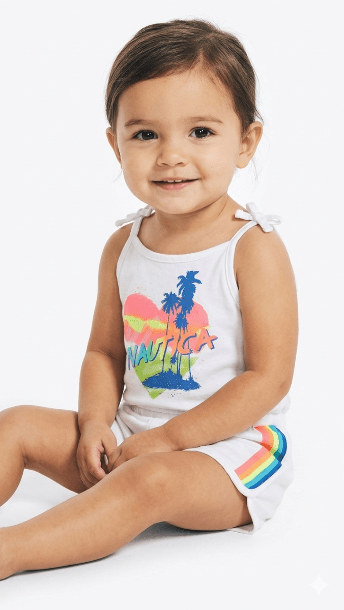 Nautica Girls Romper with Rainbow Striped Side Panels & Tropical Heart Graphic (BG-000391)