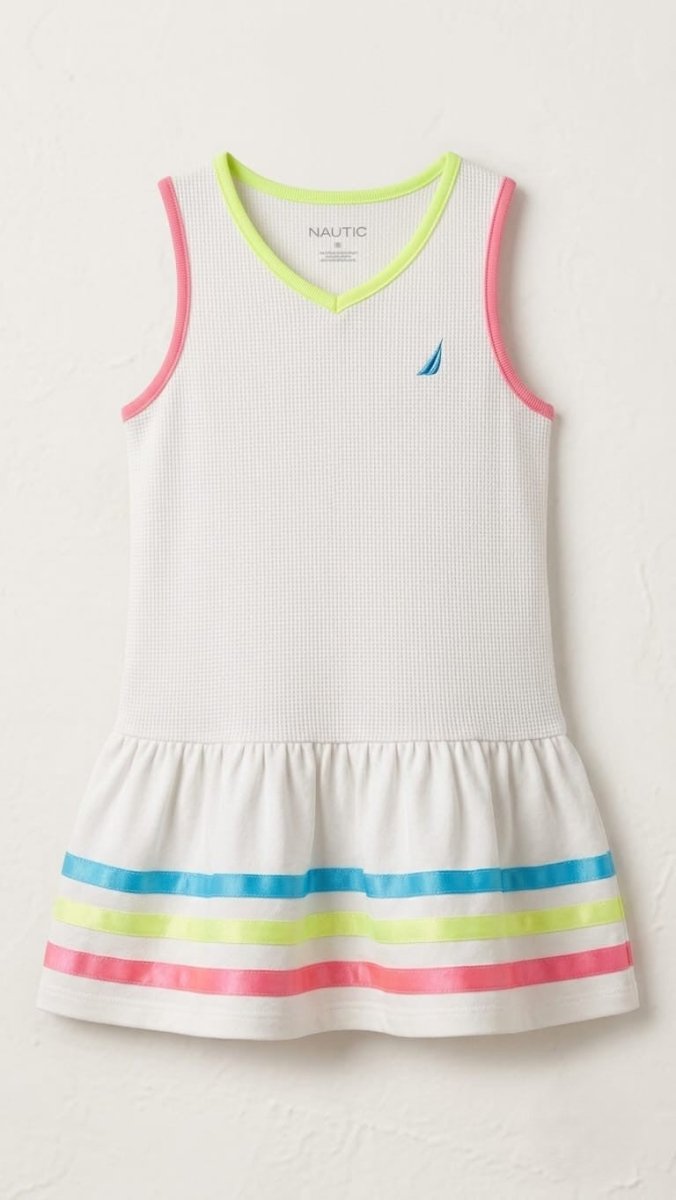 Nautica Girls' Sleeveless Waffle Knit Drop-Waist Dress with Neon Stripes (BG-000870) - frock