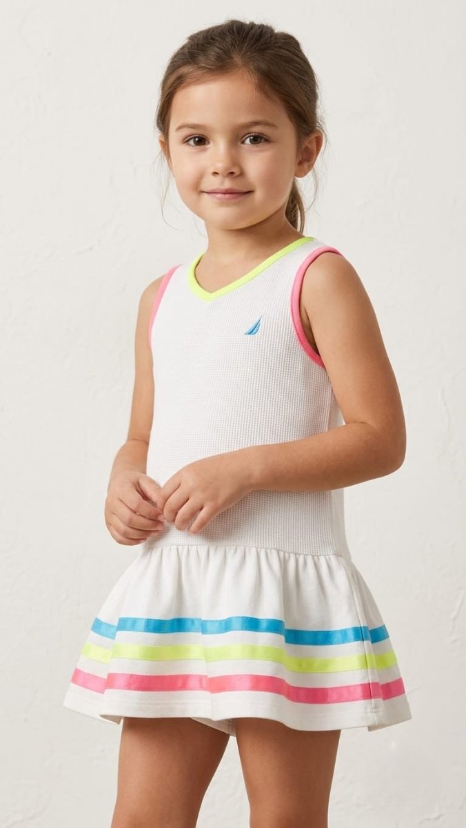 Nautica Girls' Sleeveless Waffle Knit Drop-Waist Dress with Neon Stripes (BG-000870) - frock