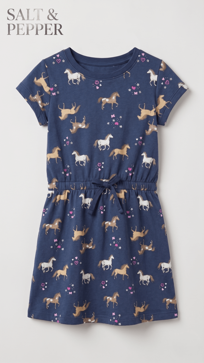 Navy Horse Print Drawstring Waist Frock (BG-000648) - frock