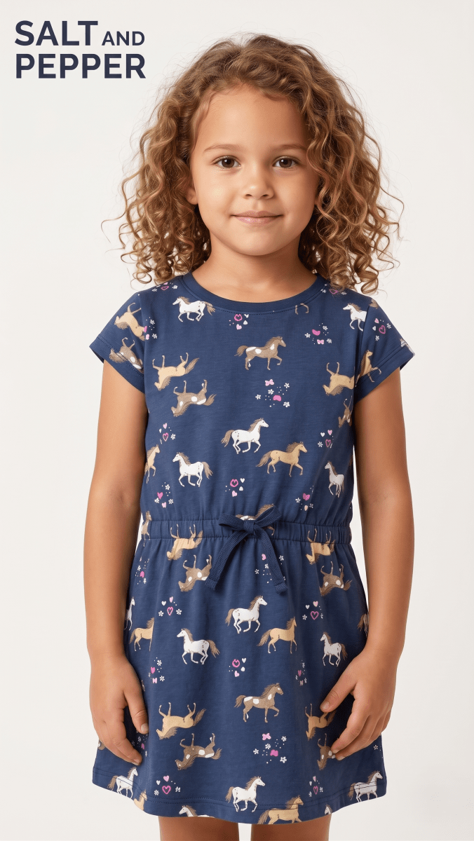 Navy Horse Print Drawstring Waist Frock (BG-000648) - frock