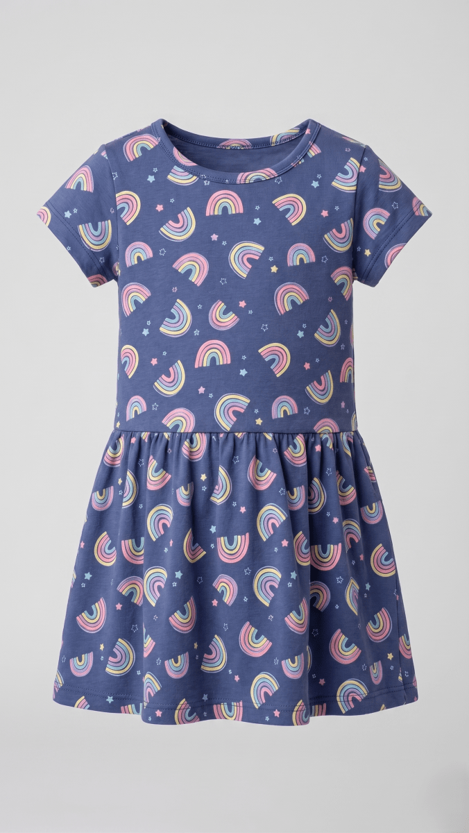 Navy Rainbow & Stars Print Casual Frock (BG-000571) - frock