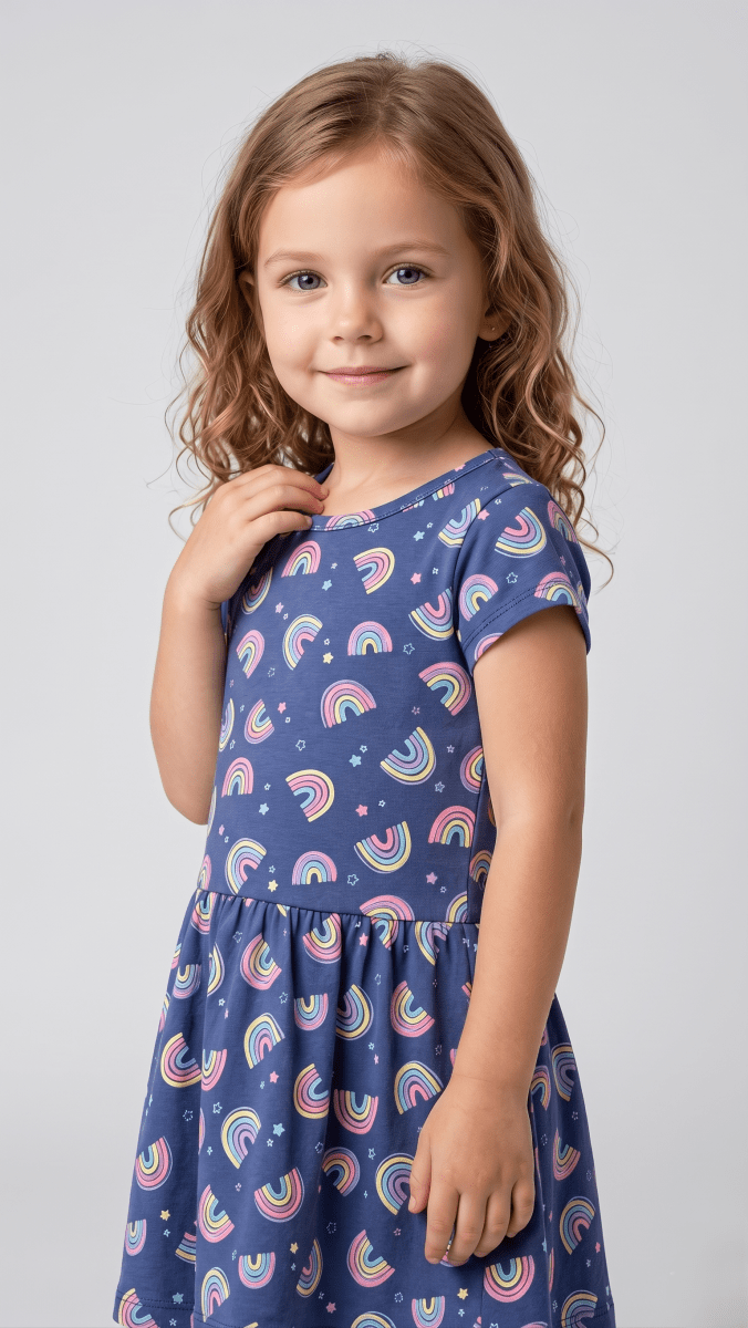 Navy Rainbow & Stars Print Casual Frock (BG-000571) - frock