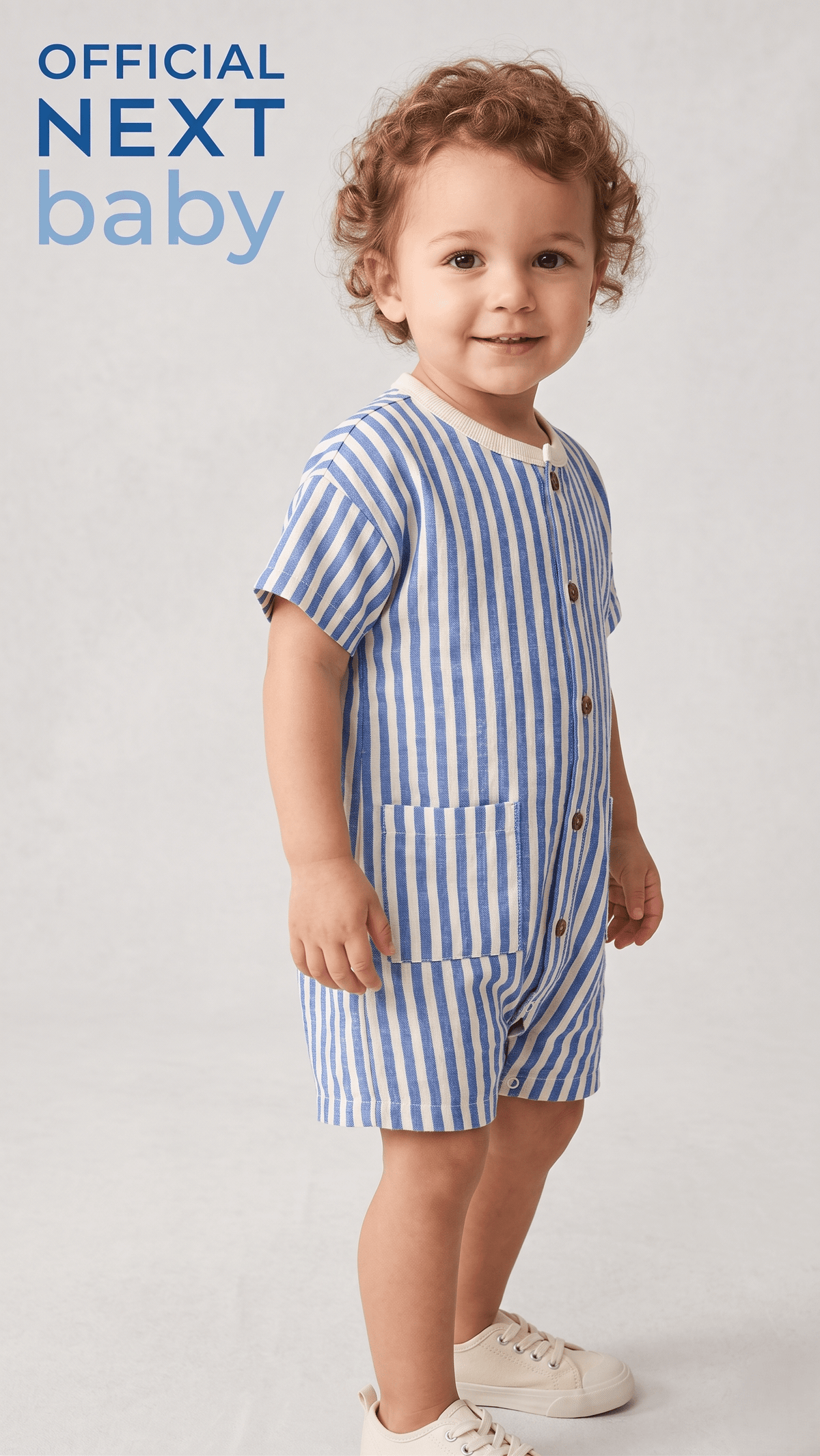 Next Baby Classic Blue & White Vertical Striped Pocket Romper (BG-000583)