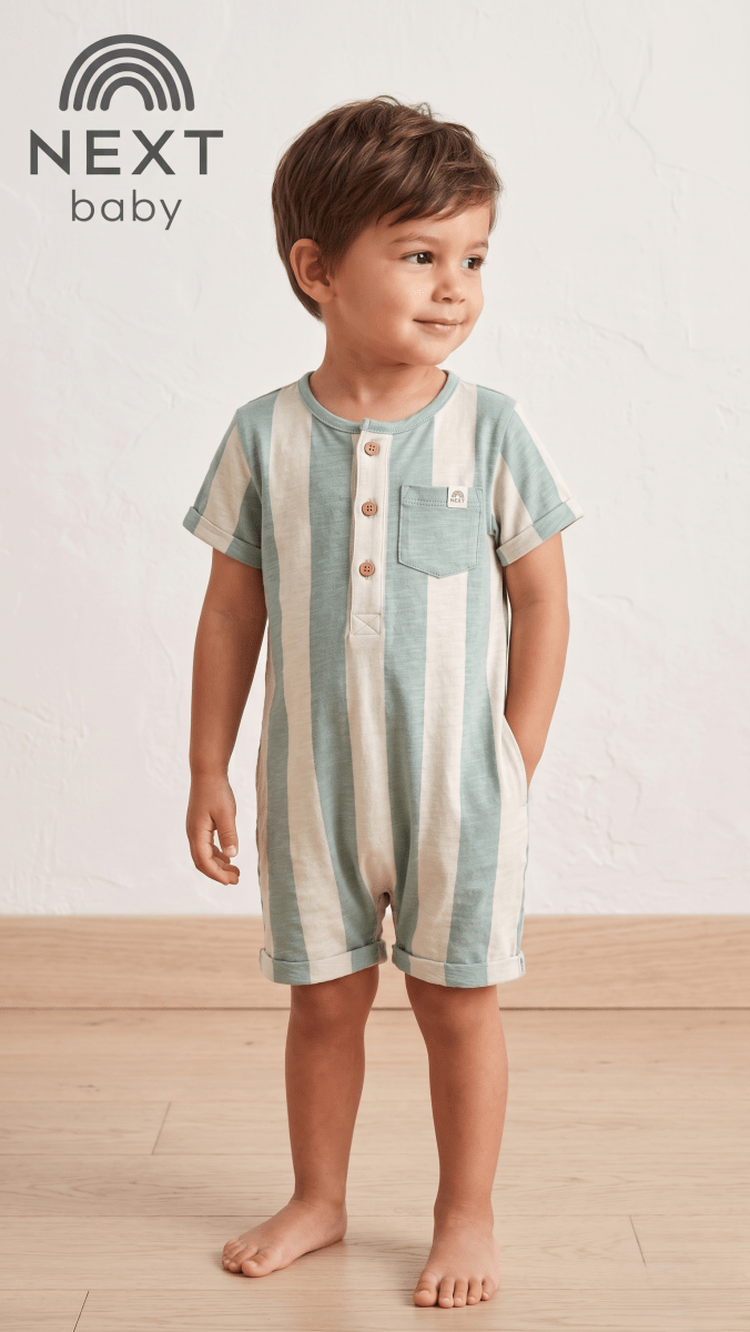 Next Baby Elegant Mint & Cream Vertical Stripe Romper (BG-000582) - romper