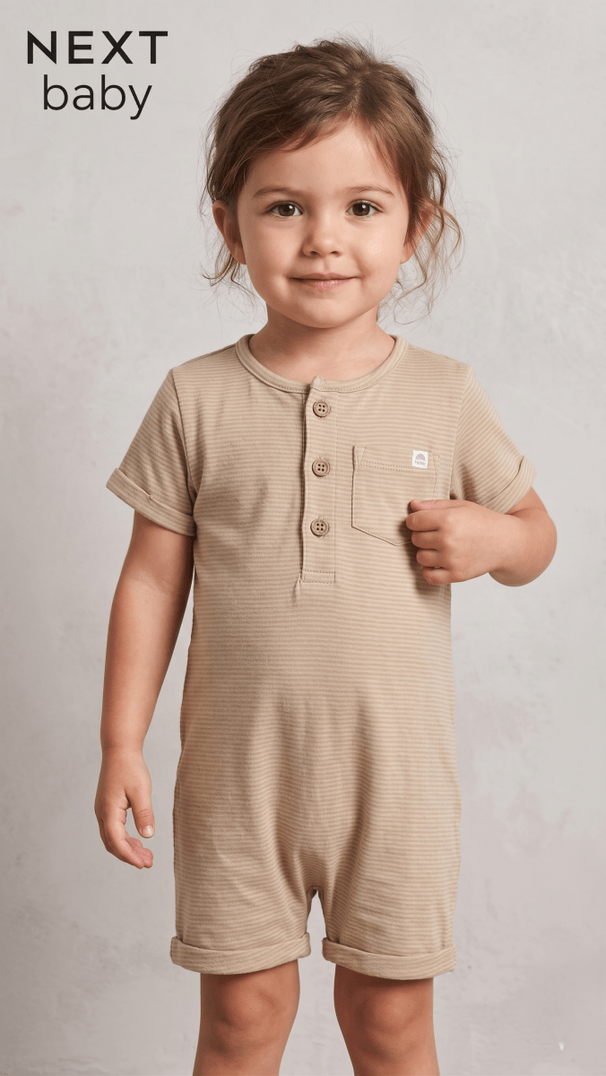 Next Baby Elegant Taupe Ribbed Short-Sleeve Romper (BG-000579) - romper
