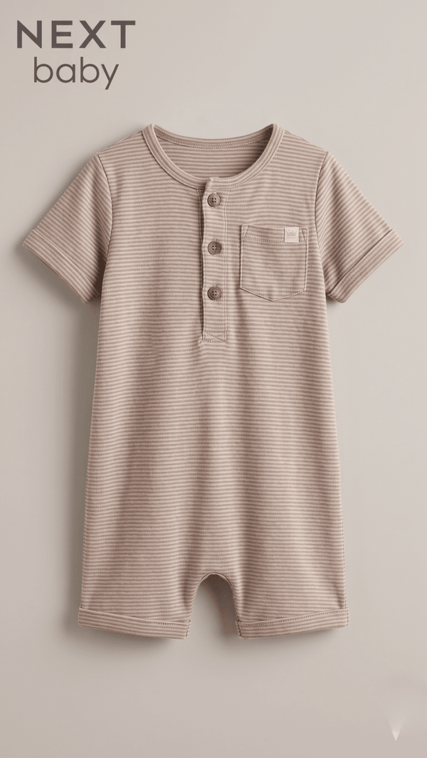 Next Baby Minimalist Beige Ribbed Henley Romper (BG-000578) - romper