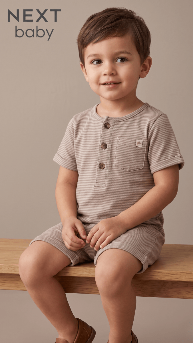 Next Baby Minimalist Beige Ribbed Henley Romper (BG-000578) - romper