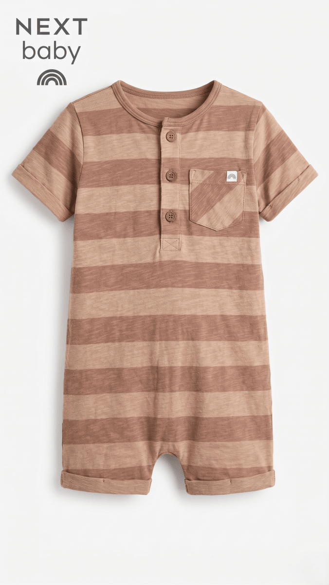 Next Baby Minimalist Earth-Tone Striped Henley Romper (BG-000580)
